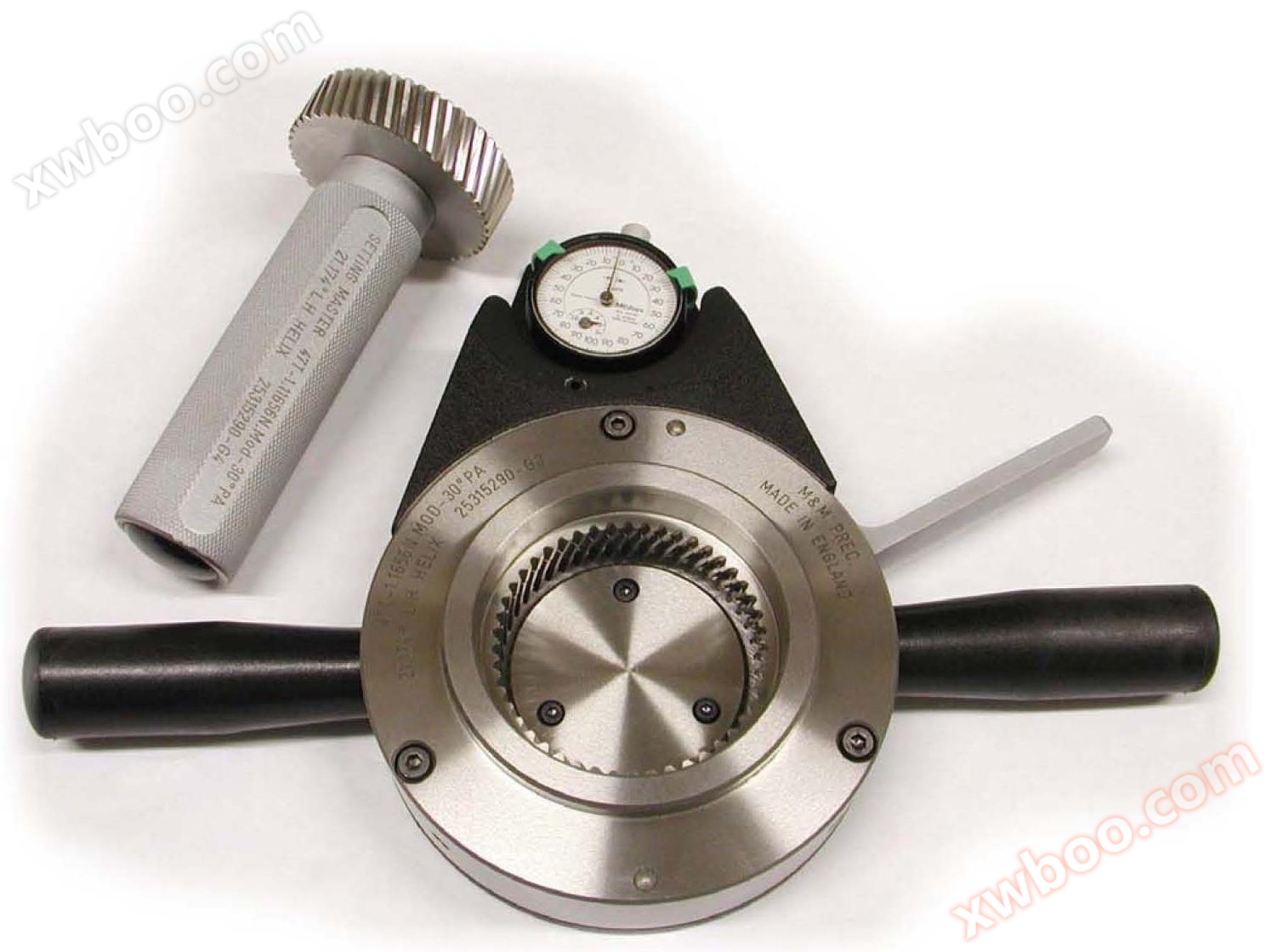 Spiral gear ring gauge with watch attached calibration for standard gear plug gauge